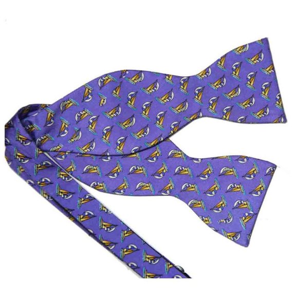 Jos A Bank Silk Bow Tie Purple Sailboats Pattern Men's One Size Adjustable - Picture 1 of 2